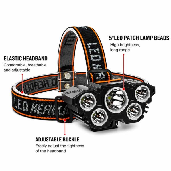 5 LED Rechargeable Head Lamp | USB Headlight for Camping, Trekking, Hiking, Fishing & Outdoor Activities