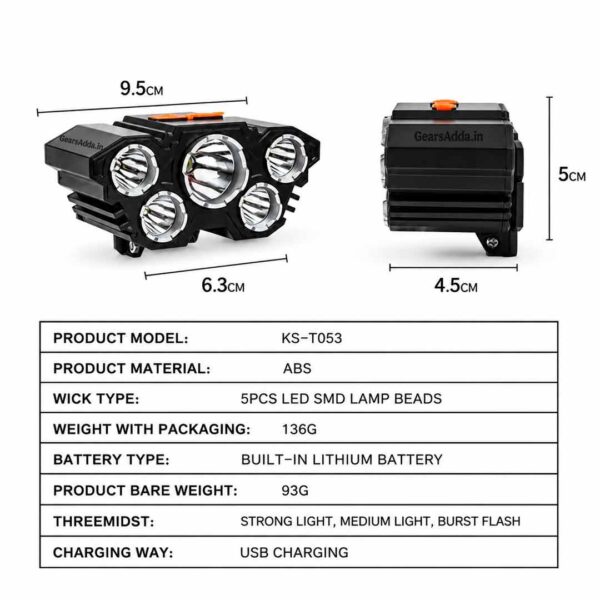 5 LED Rechargeable Head Lamp | USB Headlight for Camping, Trekking, Hiking, Fishing & Outdoor Activities