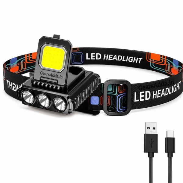 COB + 3 LED Rechargeable Head Lamp | USB Type-C Headlight for Camping, Trekking, Hiking & Outdoor Use