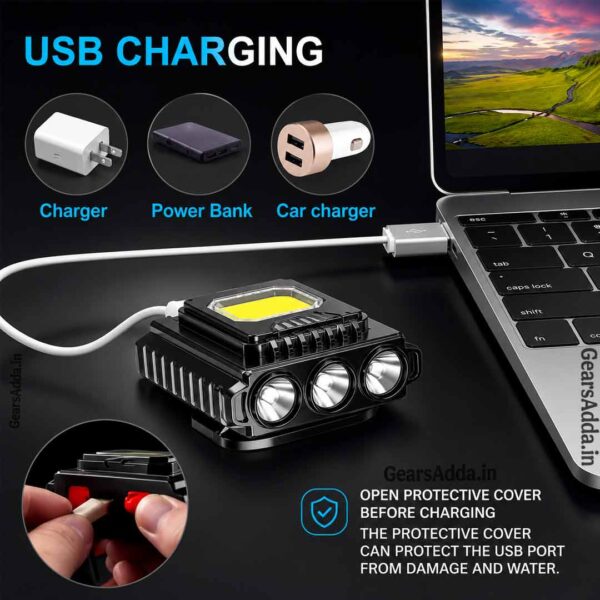 COB + 3 LED Rechargeable Head Lamp | USB Type-C Headlight for Camping, Trekking, Hiking & Outdoor Use