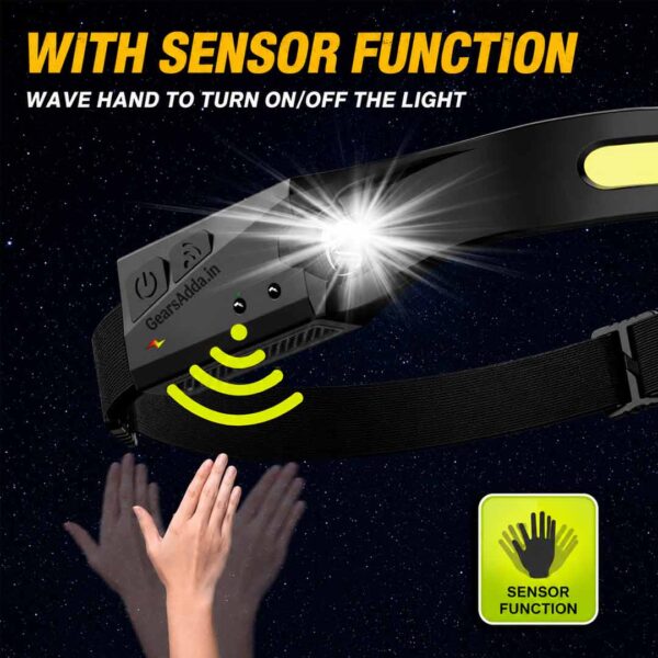 COB + XPE LED Sensor Headlamp – USB Type-C Rechargeable Motion Sensor Head Lamp for Camping, Hiking & Outdoor Use