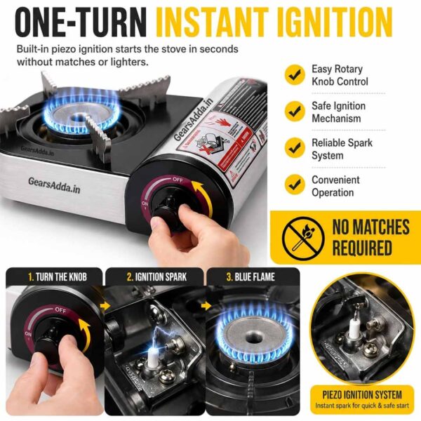 Portable Single Burner Gas Stove with Piezo Auto Ignition | One-Turn Instant Ignition Camping Stove with Adjustable Flame Control