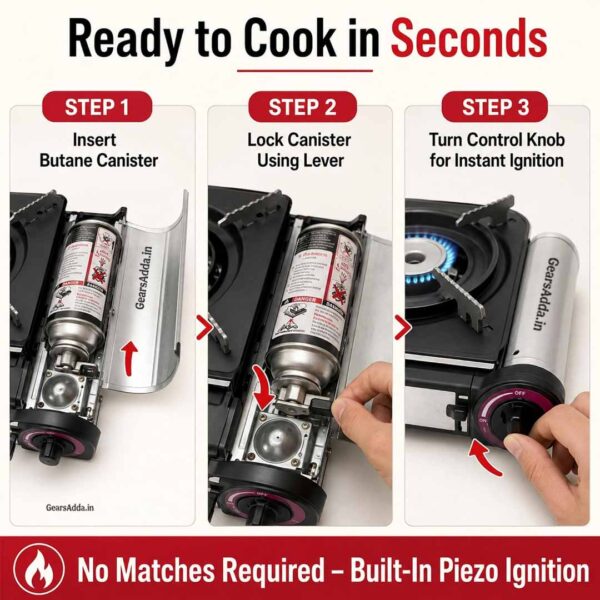 Portable Single Burner Gas Stove with Piezo Auto Ignition | One-Turn Instant Ignition Camping Stove with Adjustable Flame Control