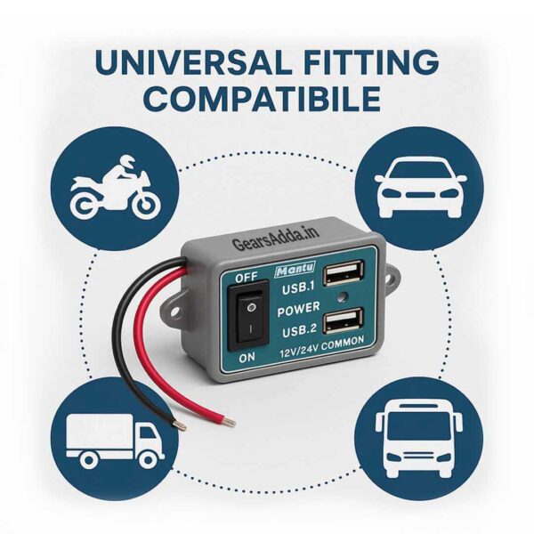 12V DC Fast Charger for Bike & Car | Twin USB Mobile Charger with Power ON/OFF Switch