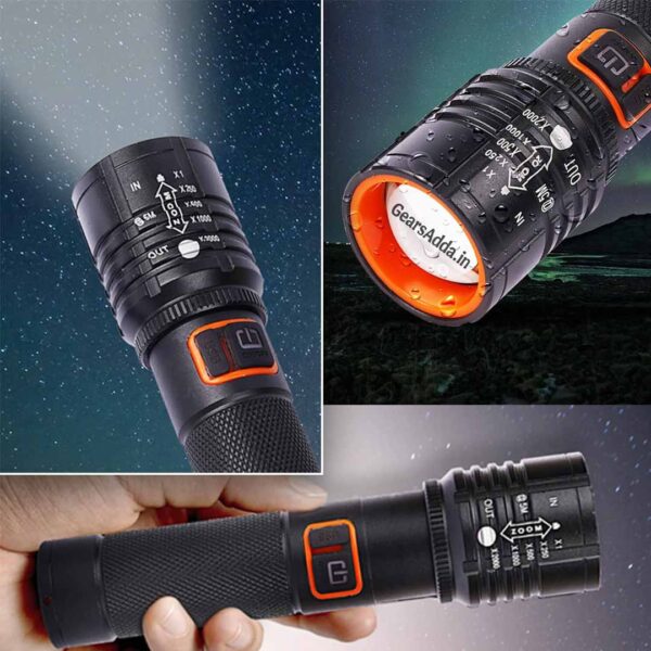 80W Metal LED Flashlight with Telescopic Zoom | Type-C Rechargeable Torch for Camping, Hiking & Emergency Use