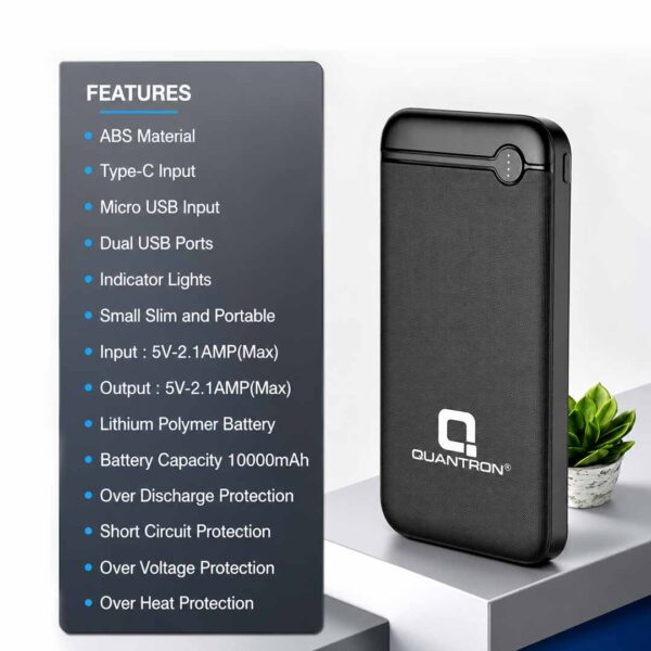 Slim Portable 10000mAh Power Bank | Quantron Ranger Power Bank with Dual USB, Type-C & Micro USB Inputs