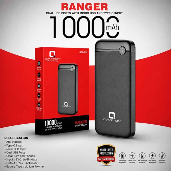 Slim Portable 10000mAh Power Bank | Quantron Ranger Power Bank with Dual USB, Type-C & Micro USB Inputs