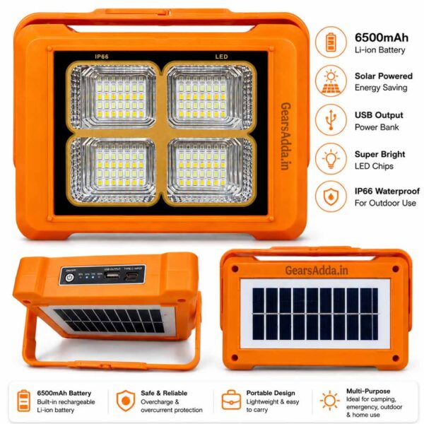 5 Modes Solar LED Flood Light | Type-C Rechargeable LED Camping & Emergency Light